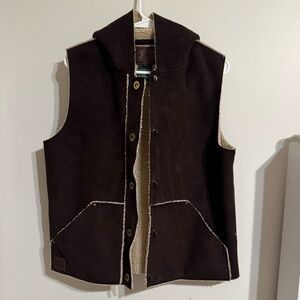 Lauren R.L Brown Button Hooded Faux Suede Vest with Sherpa Size M